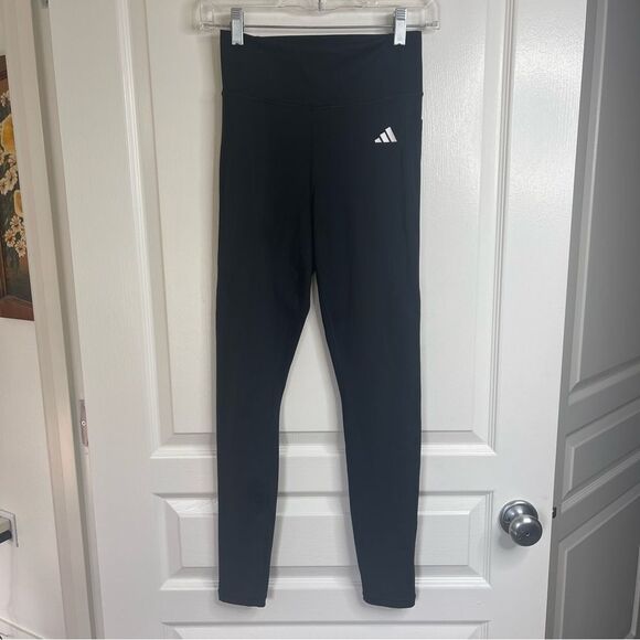 Adidas Black Solid Leggings Size Medium Tight Fit Pocket Aeroready Striped Logo - Picture 1 of 13
